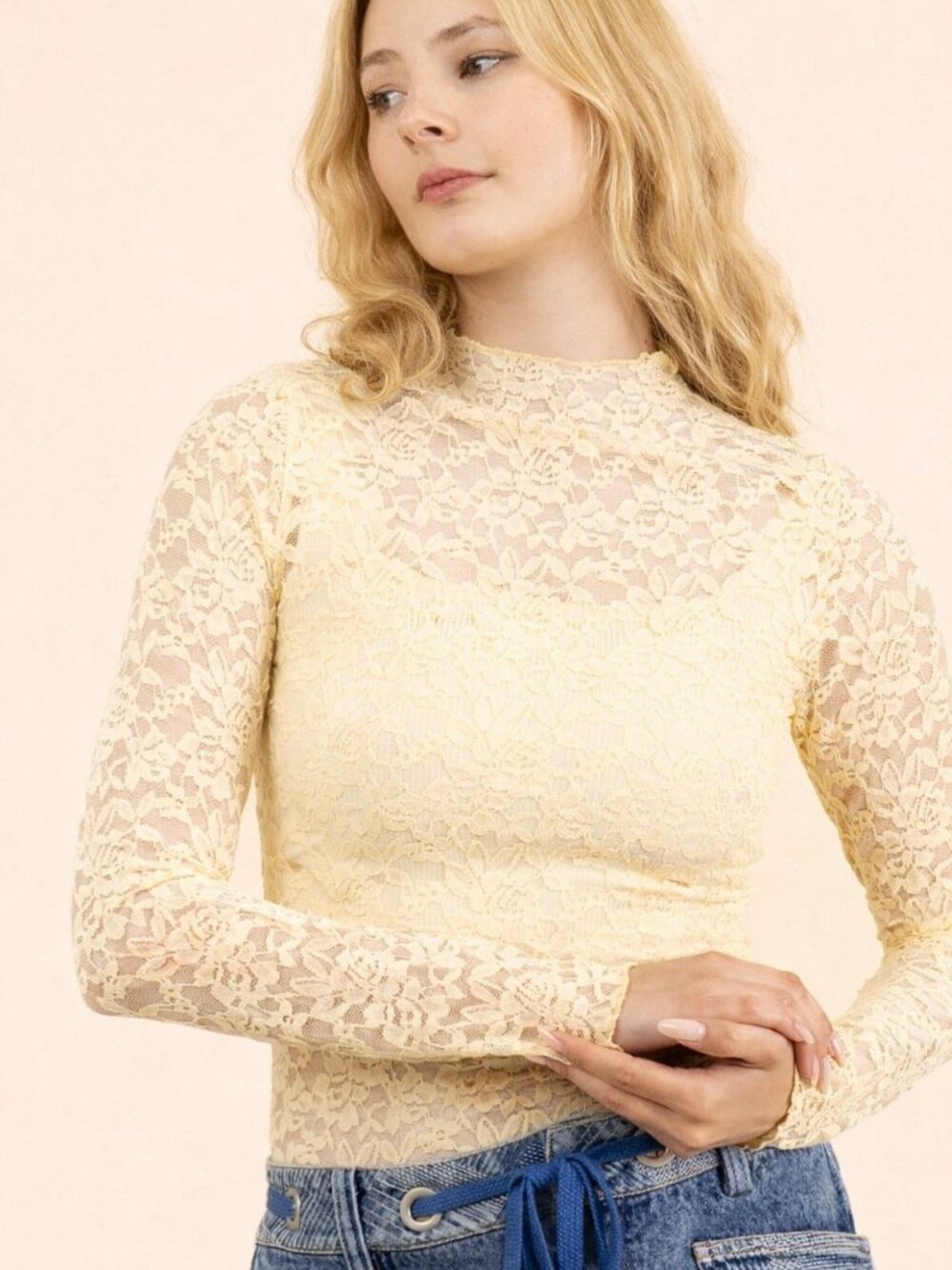 "Summer Lace" Stretch Sheer Lace High Neck Top Yellow